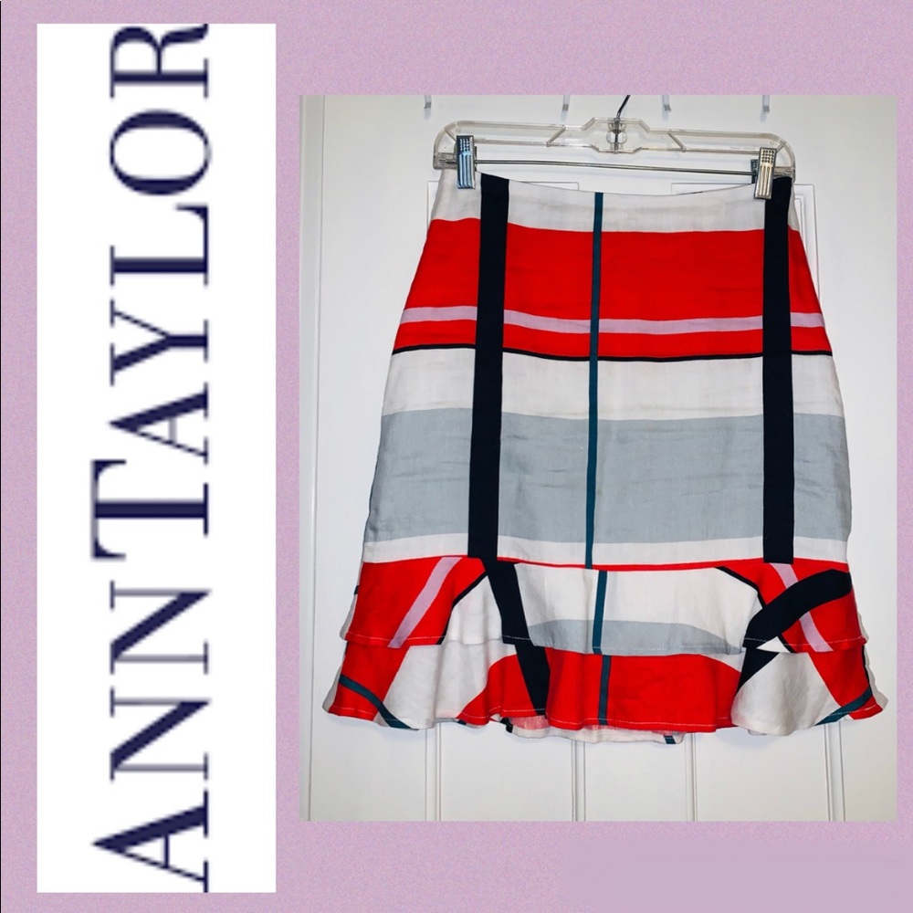 Ann Taylor Linen Skirt With Ruffle Plaid Orange Navy